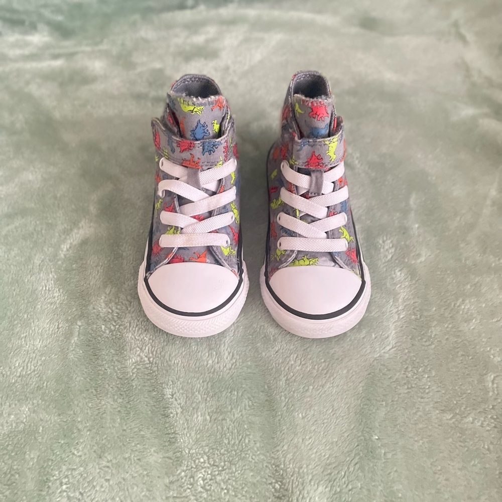 Converse Gray and Red High-Top Dinosaur Sneakers